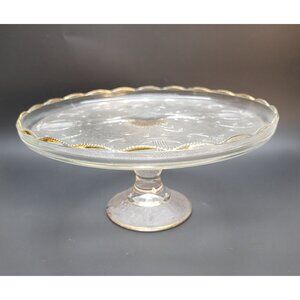 Vintage Glass Cake Plate Jeanette Harp Design Gold Edged Scalloped Dish DD03